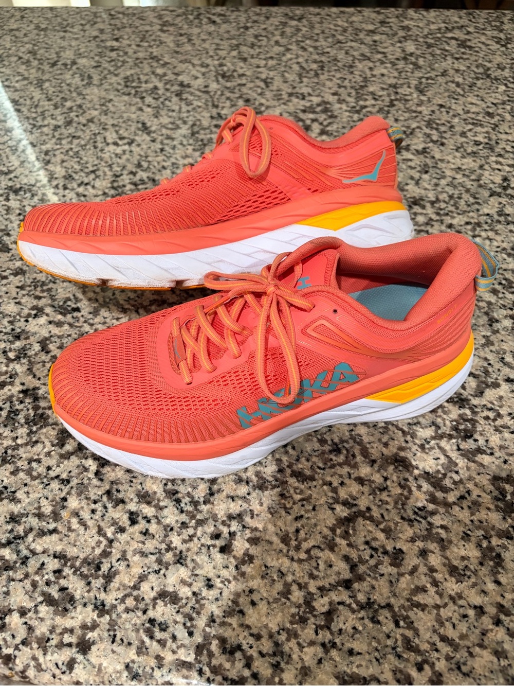 Hoka Coral & Yellow Bondi 7 Women's Running Shoes 10.5